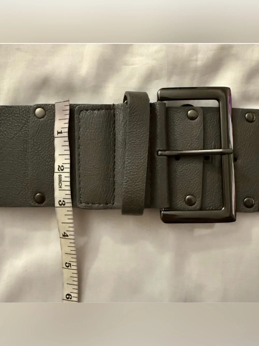 Gray PU leather wide elastic waistband belt with hematite tone rectangle buckle
